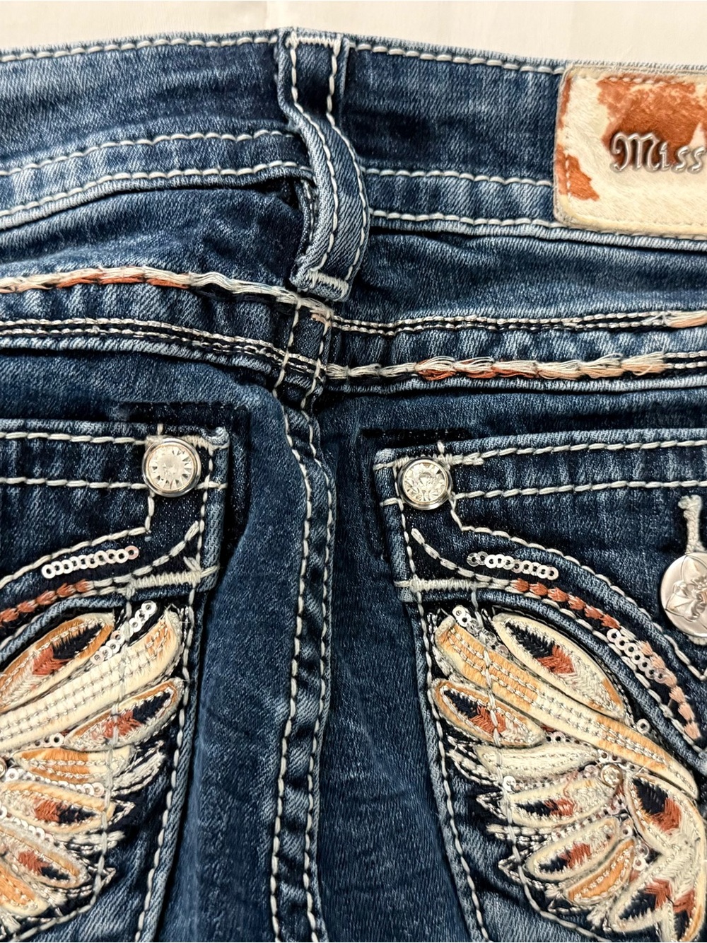 Miss Me Dark Blue Denim Bootcut Jeans with Cream and Tan Embroidery